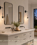 KoKo&Yukina 2 Pack 6" Black Modern Wall Sconces for Bedroom Bulb Included installed in stylish bathroom with double mirrors.