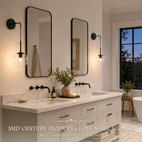 KoKo&Yukina 2 Pack 6" Black Modern Wall Sconces for Bedroom Bulb Included installed in stylish bathroom with double mirrors.