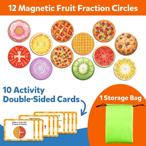 Hands On Magnetic Fraction Tiles And Circles Set With 12 fruit designs, 10 activity cards, and storage bag for Montessori math games.