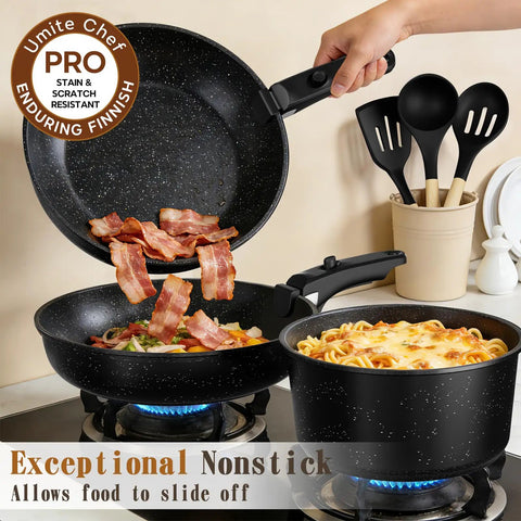 21-Piece Detachable-Handle Nonstick Cookware Set With Granite Coating, frying bacon, pasta dish in pot on gas stove