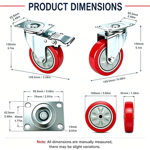 Rock Solid Heavy Duty 4 Inch PVC Caster Wheels With Double Brake Swivel Plate Set dimensions diagram showcasing sizes and details.