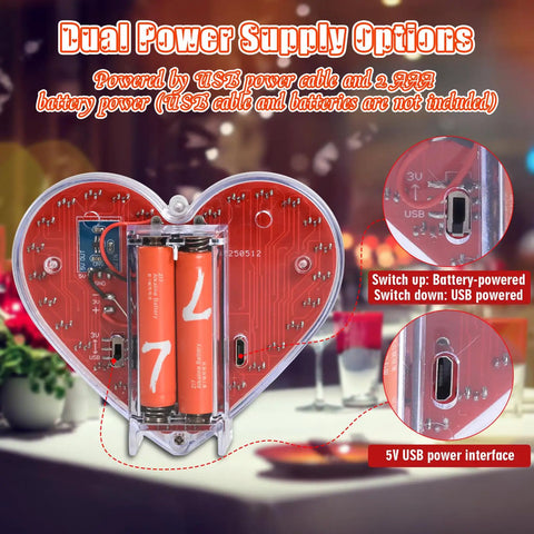 Heart Shaped LED Soldering Kit With Diffused 4 Pin RGB LEDs Love Filament DIY Electronics Project For Students Dope Solder Practice Mother's Day Gift Creative School Education Kit showing battery and USB power supply options