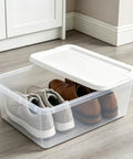 Top Tier Clear Plastic Storage Containers With Tight Snap On Lids Set Of Ten Real Deal Organizers For Home Closets Kitchen Pantry And Garage Must Haves holding shoes.