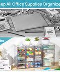 Before and after image of desk with Crystal Clear 16 Drawer Acrylic Organizer Set For Office Supplies, Makeup, Jewelry And Craft Storage.
