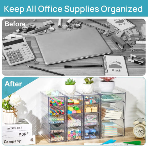 Before and after image of desk with Crystal Clear 16 Drawer Acrylic Organizer Set For Office Supplies, Makeup, Jewelry And Craft Storage.