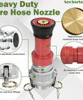 Built Tough 2-Inch NPSH Fire Hose Nozzle With Aluminum Camlock Fittings showing close-up of materials and connections.