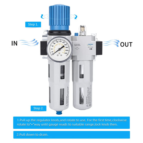Half Inch NPT High Pressure Air Filter Regulator Lubricator Combo With Water And Oil Trap Separator Gauge 0 To 230 Psi