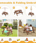 Outdoor Wooden Kids Picnic Table With Removable Umbrella Foldable Bench Set For Backyards And Patios shown with children using it