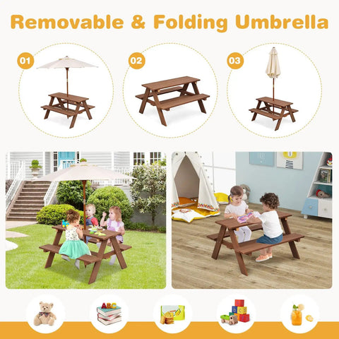 Outdoor Wooden Kids Picnic Table With Removable Umbrella Foldable Bench Set For Backyards And Patios shown with children using it