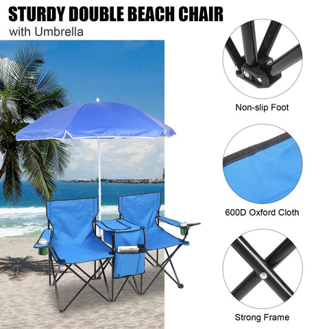 Folding Double Camping Chair With Detachable Umbrella Ice Bag Cup Holder Built In Cooler Bag Carrying Bag on beach