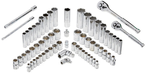 142 Piece Mechanics Tool Kit And Socket Set With High Torque Ratchet and sockets displayed on white background.