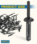 Hella Tough Heavy Duty Plastic Rivets Auto Body Repair 50 Pack showing black clips and one standing rivet for fender liner use.