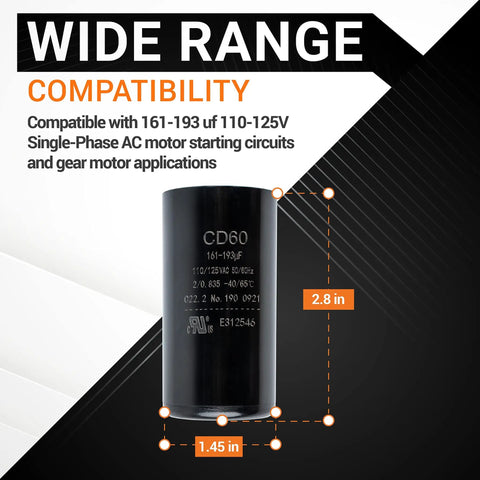 161-193 Uf Motor Start Capacitor 125 VAC For Single Phase Pool Pump Or Well Pump CD60 Round Style, size markings