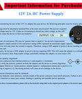 Important usage guidelines for 12V 2A DC power supply with safety instructions and visual diagram.