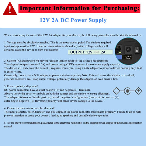 Important usage guidelines for 12V 2A DC power supply with safety instructions and visual diagram.