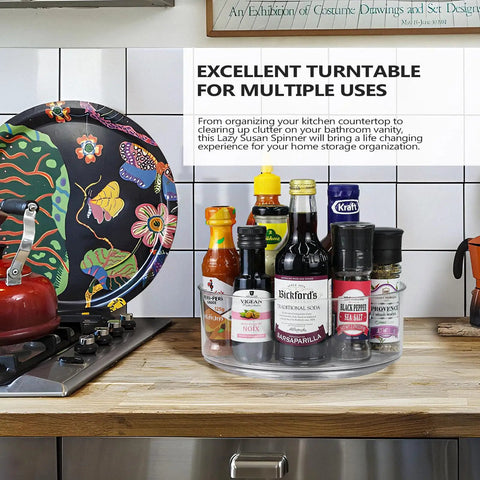 Smooth 360 Rotating Lazy Susan Organizer Two Piece Set Heavy Duty Turntable Shelf with condiments on kitchen counter.