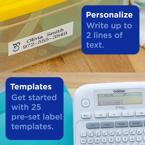 P-Touch PTD220 Label Maker For Home Office Use With TZe Tape Prints Up To Half Inch White Labels shown printing personalized label