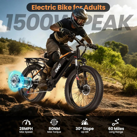 Rider on Fat Tire Electric Beast Bike With 1500W Peak Motor 48V 15Ah Battery Fast Off Road Mountain Ebike in rugged terrain.