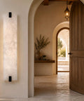22" Natural Square Alabaster Marble Modern Bathroom Black Wall Sconce mounted on wall in stylish interior.
