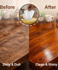 Before and after cleaning tabletop with XL Wood Furniture Cleaner Wipes 8X10 Inch 70 Count Cut Through Dust Multi Surface Cleaning Cloths For Kitchen Cabinets Desks And Tables Top Shelf Shine Daily.