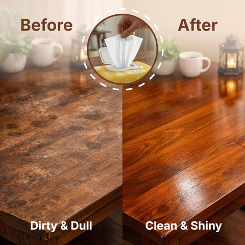 Before and after cleaning tabletop with XL Wood Furniture Cleaner Wipes 8X10 Inch 70 Count Cut Through Dust Multi Surface Cleaning Cloths For Kitchen Cabinets Desks And Tables Top Shelf Shine Daily.