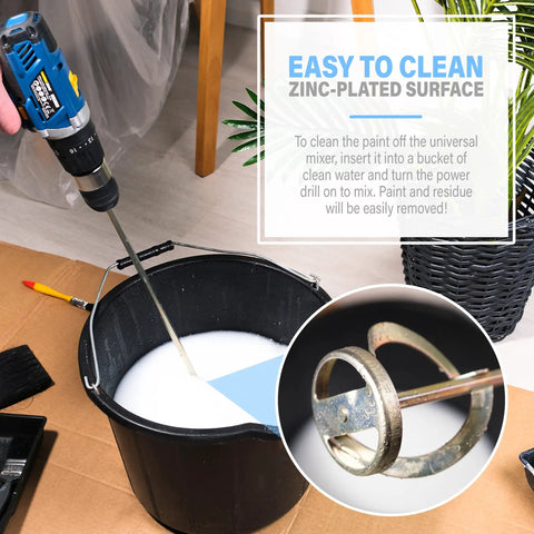 Grip Ready Drill Paint Mixer Attachment For 1 To 5 Gallon Buckets Zinc Plated No Fuss Rust Resistant Easy To Clean Fits All Standard Drills Ideal For Mixing Paint Resin Epoxy And Concrete Small Head in use with drill mixing white liquid in black bucket