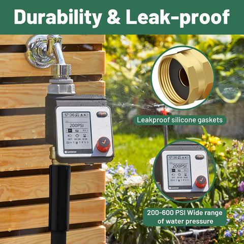 Front view of Beitopamz 5 ft garden hose, 5/8 in, black with brass fittings, connected to outdoor faucet