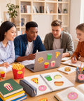 Students using Fast Food Themed Sticky Note Set with 8 Junk Food Shapes, 24 Self Adhesive Note Pads on desks and laptops.