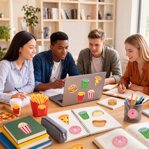 Students using Fast Food Themed Sticky Note Set with 8 Junk Food Shapes, 24 Self Adhesive Note Pads on desks and laptops.