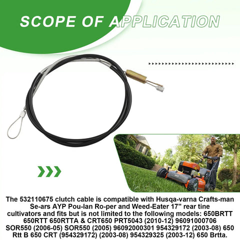 Clutch Cable For 17 Inch Rear Tine Tillers Replaces 532110675 110675X Craftsman Husqvarna AYP 917 and lawn mower in use