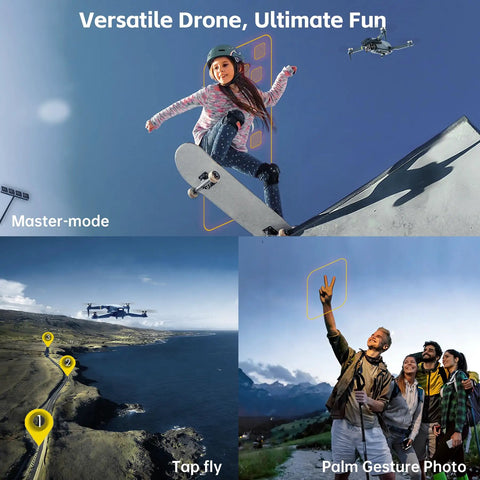 Skateboarder and friends using 4K Camera Drone With Long Range Up To 2650 Ft Foldable Beast Quadcopter For Beginners WiFi FPV Brushless Motors.