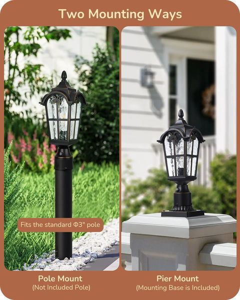 Dusk To Dawn Outdoor Post Light With Pier Mount Base Black Roman Weatherproof Lamp Post Lantern shown in pole and pier mounts