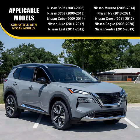 Silver SUV parked with trees in background, compatible models list for Nissan vehicles shown above the car.