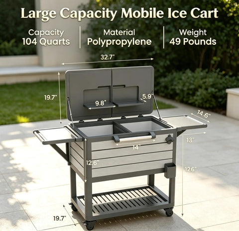 104 Quart Rolling Cooler With Wheels For Backyard Parties Outdoor Bbq Tailgates And Camping Heavy Duty Portable Ice Chest On Wheels With Easy Pull Handle Holds Up To 100 Cans And Ice Gray, shown open with measurements and polypropylene material.