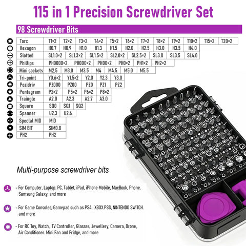 115 In 1 Precision Screwdriver Set with magnetic bits in carrying case, focus on varied bit types for electronics repair