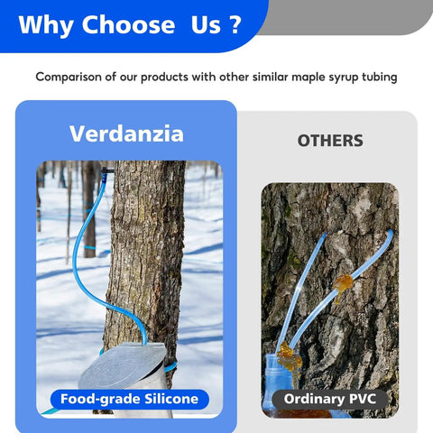 Comparison of Easy Flow 33 Feet Maple Syrup Tubing Set with PVC tubing on tree trunks, highlighting food-grade silicone line.