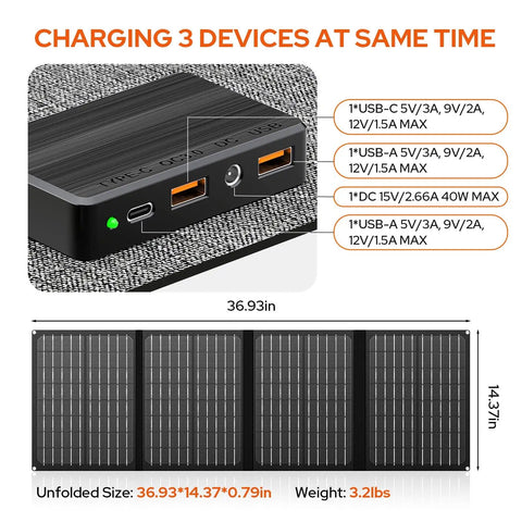 Diagram showing Go To All In One Portable Power Station with 100W solar generator and 40W foldable panel charging ports.