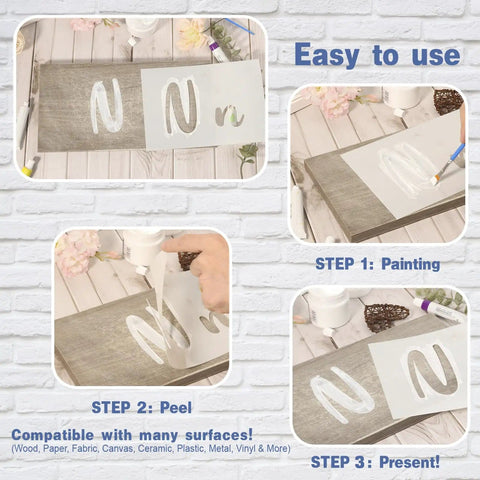 Go To Calligraphy Stencil Kit With 50 Pieces Large 4 Inch And Small 2 Inch Alphabet Stencils in use on wooden surface showing process steps.
