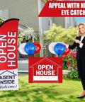 Open House Signs Kit With Flag And Poles 36 Piece Real Estate Yard Sign Set Includes Five Double Sided Directional Arrows With Metal Stakes And Thirty Red Balloons 7 By 5.4 Foot Flag Made From Aluminum And Fiberglass For Fast Home Showing, displayed outside a home with a smiling woman in a business suit.