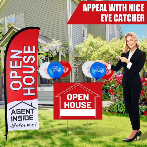 Open House Signs Kit With Flag And Poles 36 Piece Real Estate Yard Sign Set Includes Five Double Sided Directional Arrows With Metal Stakes And Thirty Red Balloons 7 By 5.4 Foot Flag Made From Aluminum And Fiberglass For Fast Home Showing, displayed outside a home with a smiling woman in a business suit.