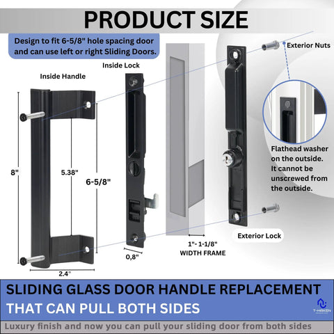 Heavy Duty Sliding Glass Door Handle Set 6 5/8 Inches Black Zinc Finish With Ergonomic Grip, Rust Resistant, Reversible Installation