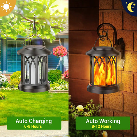 4 Pack Solar Lanterns Outdoor Lights With Upgraded Flickering Flame showing day charging and night operation