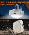 Magnetic Tent Light With 2000mAh Battery, LED Camping Lantern in rain and durability test on rocky ground.