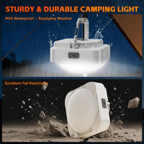 Magnetic Tent Light With 2000mAh Battery, LED Camping Lantern in rain and durability test on rocky ground.