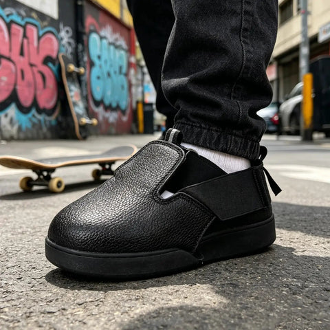 Heavy Duty Steel Toe Shoe Covers With Adjustable Strap Safety Overshoes For Work, black protective footwear on asphalt.