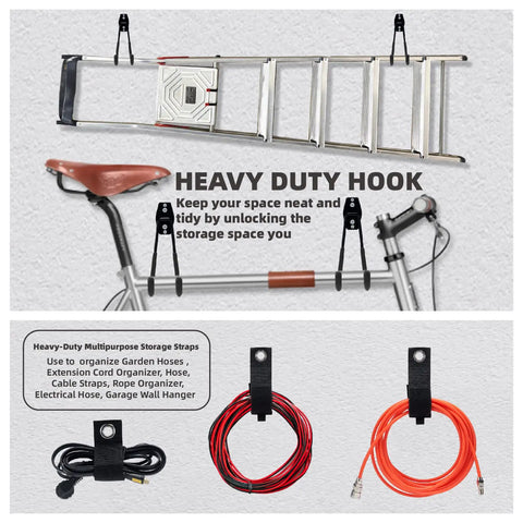 4 Pack Garage Hooks Wall Mount Storage Hangers With 2 Extension Cord Straps Heavy Duty Seven Point Five Inch Long Utility Organizer