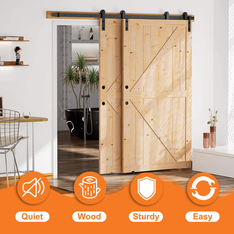 Double Sliding Barn Doors 42 Inch By 84 Inch With 8 Ft Single Track Bypass Hardware Kit Unfinished Spruce Wood installed in room