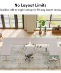 Dope Ergonomic L Shaped Standing Desk Adjustable Height Electric Sit Stand Corner Computer Workstation Smooth Preset Controls Light Walnut Wood Grain overview with dimensions in a bright home office.