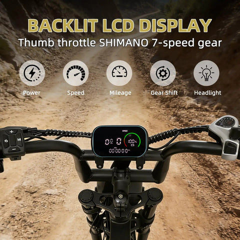 Backlit LCD display on rugged electric bike for adults, 500W brushless motor 48V 18Ah battery, controls shown on off-road path.