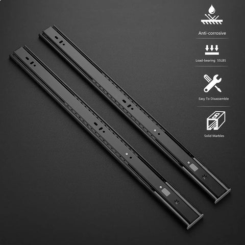 22 Inch Soft Close Drawer Slides Full Extension Ball Bearing Side Mount, 10 Pairs Black Drawer Glide Set For Cabinets And Furniture, Quiet Smooth Operation And Easy Install, Durable Metal Rails For Heavy Use on black background